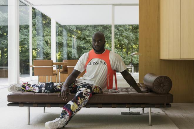 Virgil Abloh in the Farnsworth House. Photograph by Richard Anderson. Via Kaleidoscope.