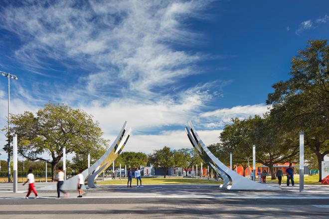 photograph of public art sculpture at entrance to Emancipation Park Houston