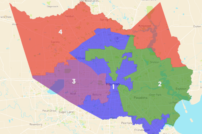 The Harris County Commissioner Precincts Unity Map. Courtesy Houston in Action.