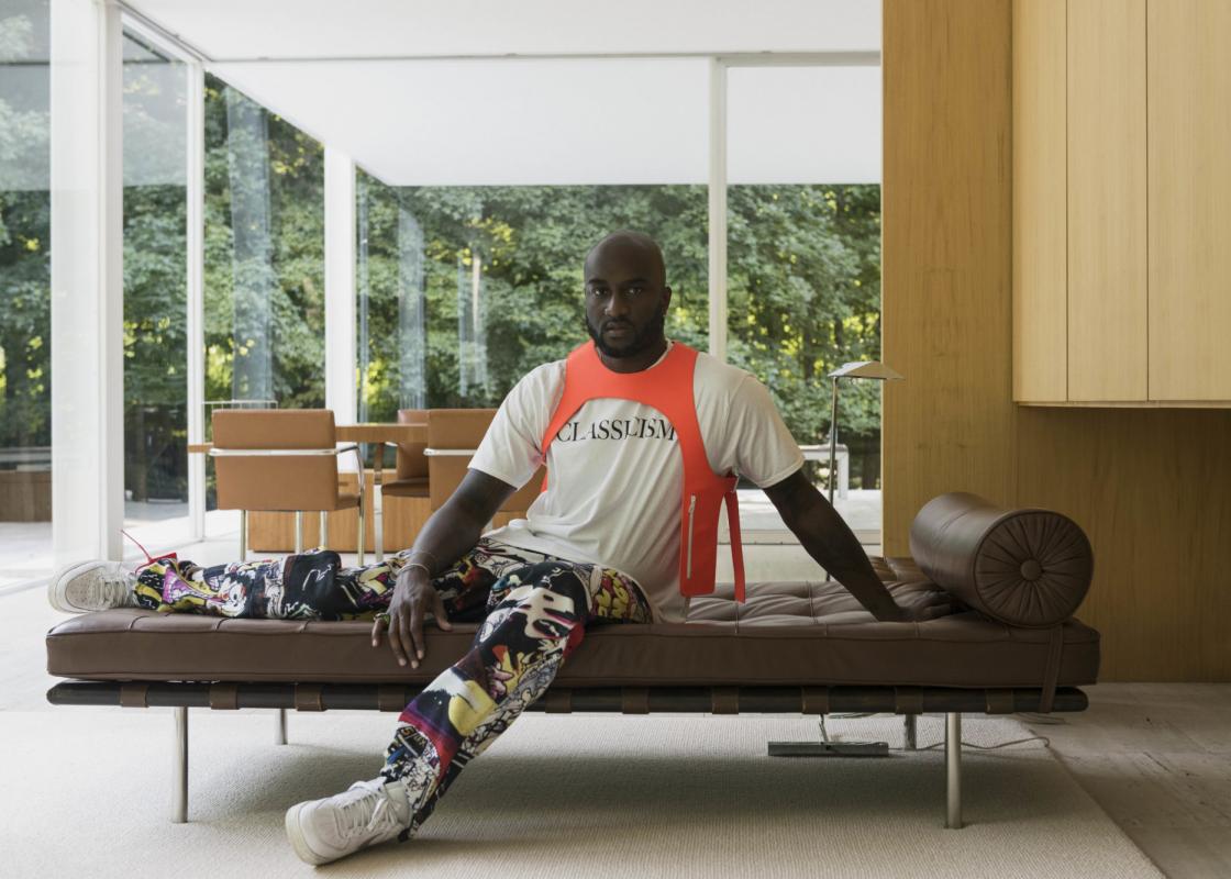 Virgil Abloh in the Farnsworth House. Photograph by Richard Anderson. Via Kaleidoscope.
