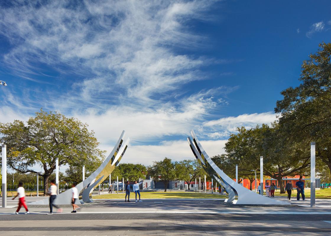 photograph of public art sculpture at entrance to Emancipation Park Houston
