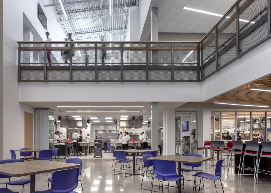 At Cherry Creek Innovation Center, the culinary learning labs seamlessly connect to student dining which is immediately adjacent to the Hospitality & Tourism spaces which increases exposure between programs. Photo by Bill Timmerman. Courtesy DLR Group.