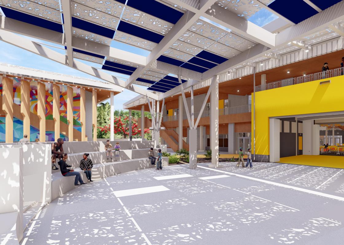 The outdoor amphitheater supports community gatherings at Arthur A. Richards PreK-8 School year-round while the gym is designed as an emergency shelter during a hurricane. Image courtesy DLR Group.