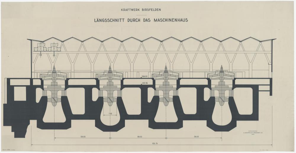 Hans Hofmann, Birsfelden Hydroelectric Power Plant, Birsfelden, 1953–54. Section drawing of building and turbines, December 1956, plan copy. Drawing by Hans Hofmann. Courtesy gta Archiv / ETH Zürich.