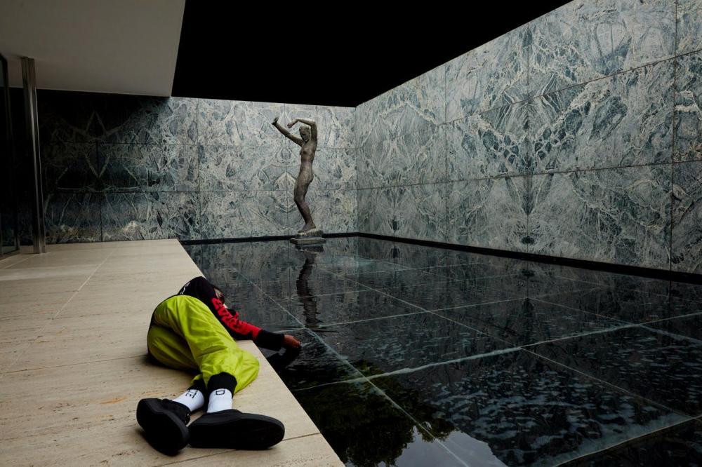 A fashion shoot styled by Virgil Abloh in the Barcelona Pavilion, by Mies van der Rohe. Photo by Fabien Montique. Via Archinect.