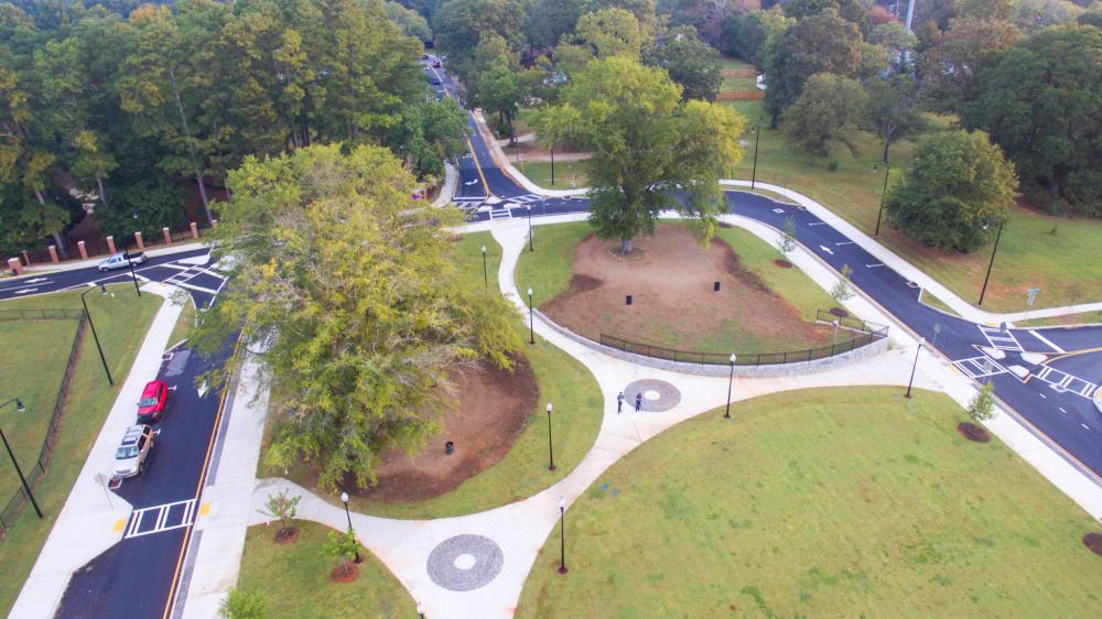 After Mableton, Georgia, adopted a form-based code, an intersection was reconfigured by Pond & Company into a one-way couplet that enhances safe access to a nearby school. Photo by Matthew Wilder. Via Pond & Company.