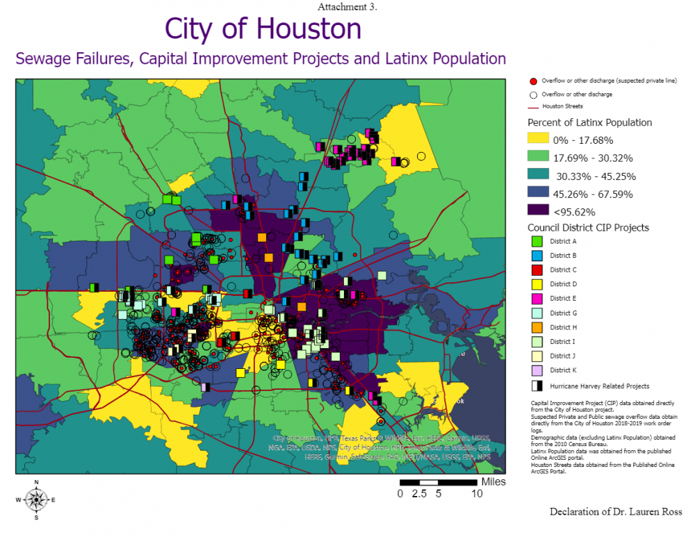 Sewage failures, capital improvement projects, and Latinx population. Map produced by Bayou City Waterkeeper. Courtesy Bayou City Waterkeeper.
