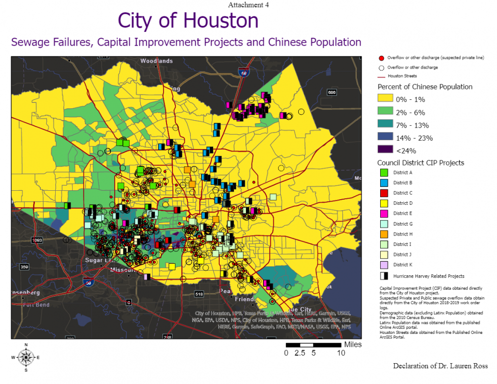 Sewage failures, capital improvement projects, and Chinese population. Map produced by Bayou City Waterkeeper. Courtesy Bayou City Waterkeeper.