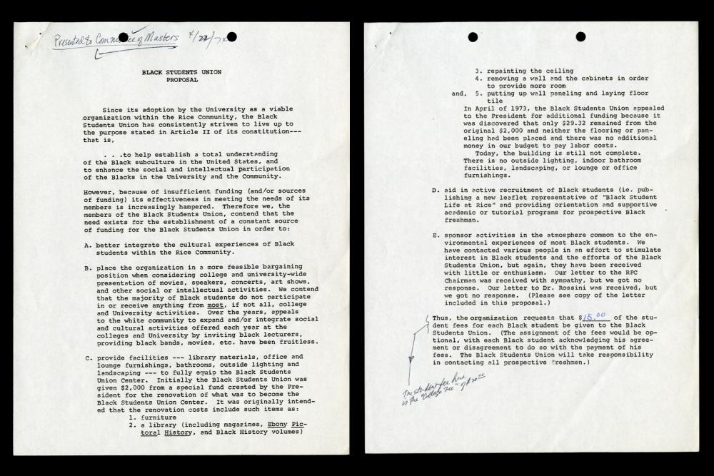 Black Students Union Proposal, c. 1973. Box 1, Folder 6. Rice University Black Student Association Records. Courtesy Woodson Research Center, Rice University. 