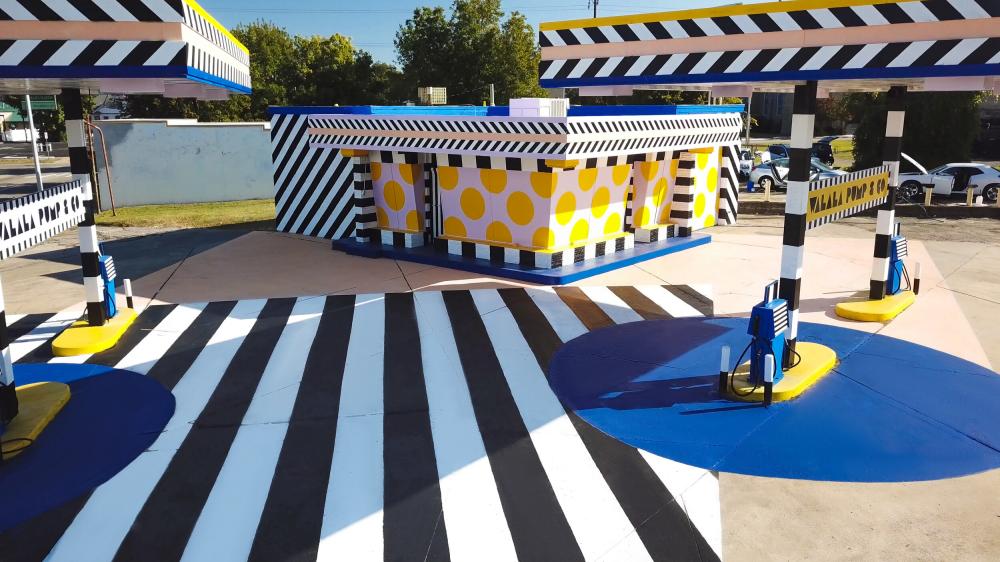 Walala Pump & Go is an art installation in Fort Smith, Arkansas, by artist Camille Walala. Realized in 2019, the project was commissioned by The Unexpected as part of a program to invigorate underutilized properties. Via Camille Walala.