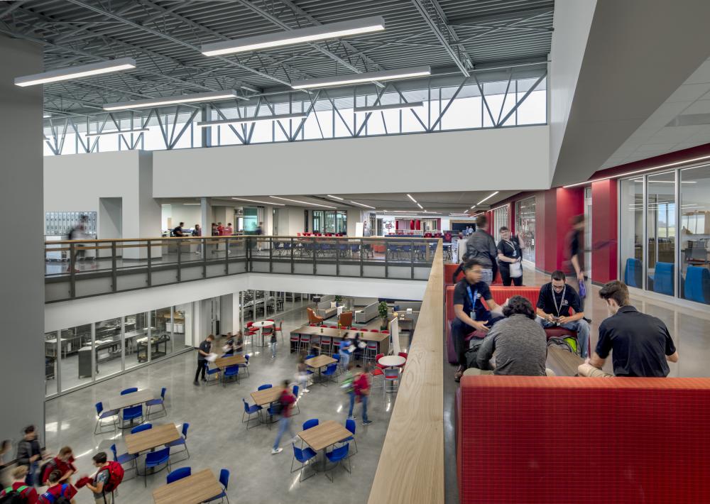At Cherry Creek Innovation Center, the culinary learning labs seamlessly connect to student dining which is immediately adjacent to the Hospitality & Tourism spaces which increases exposure between programs. Photo by Bill Timmerman. Courtesy DLR Group.