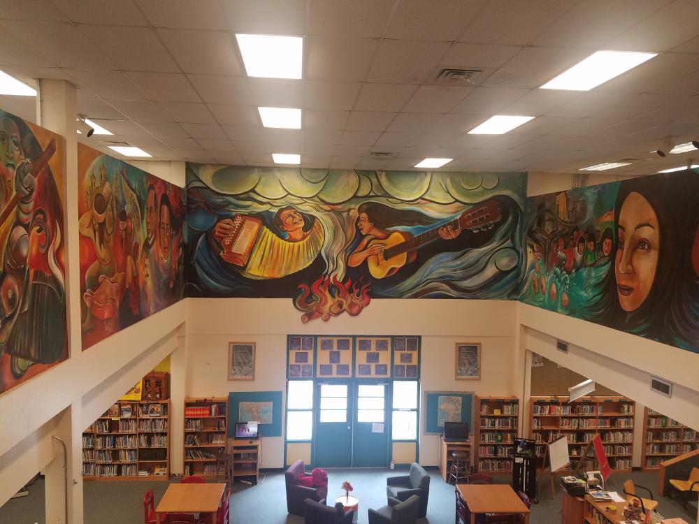 “A Children’s Mural” by Raul Valdez and Sánchez Elementary students in existing school library. Images courtesy McKissack & McKissack.  