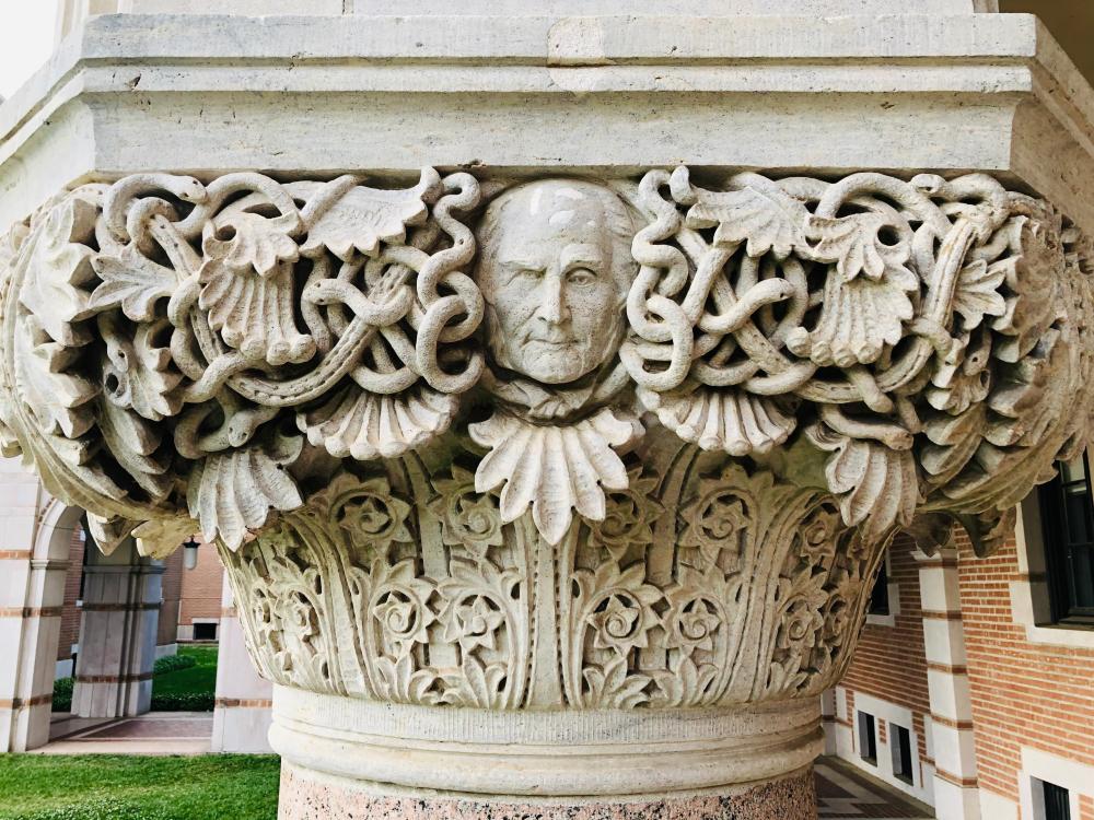 Relief of Francis Galton carved on a capital at the Lovett Hall’s colonnade, Rice University. Photo by Carlos Pelayo Martinez.