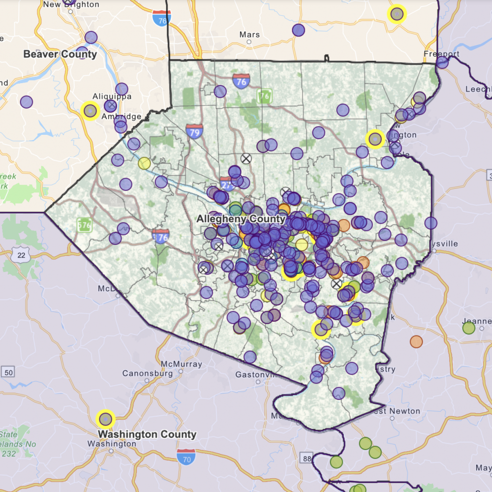 Strong open data policies can improve the lives of residents. For example, this map shows free resource distribution sites in Allegheny County during the COVID-19 pandemic. Via Western Pennsylvania Regional Data Center.