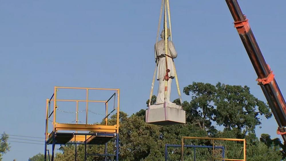 The statue of Dick Dowling was removed by the City of Houston in June and placed in storage. Courtesy ABC13 KTRK Houston.