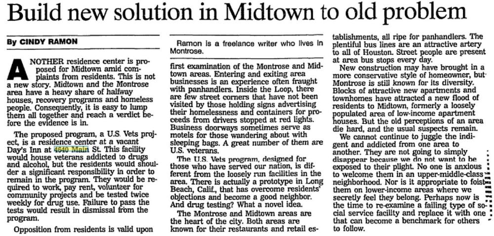 A "Houston Chronicle" article from 2003 reported on Midtown residents' concerns regarding the “indigent and addicted” populations at Midtown Terrace Suites.
