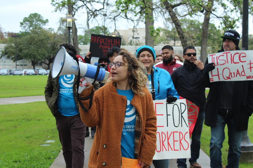 Demonstrators during a WDP-led protest at the University of Houston in February 2020. Courtesy Workers Defense Project.