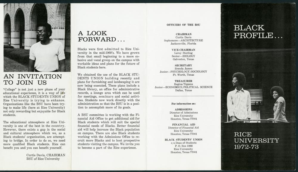 Pamphlet "Black Profile... Rice University 1972-73," distributed on campus by BSU as one of its first initiatives after its founding. 1. Box 1, Folder 1. Rice University Black Student Association Records. Courtesy Woodson Research Center, Rice University.